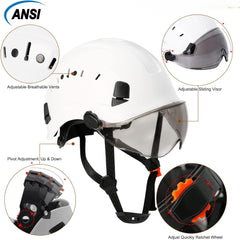 Adjustable Safety Hard Hat ANSI Z89.1 Approved ABS Comfortable Helmet with Clear Retractable Visor 6-Point Harness for Construction Industrial Outdoor